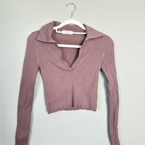 Babaton Aritzia Sculpt Knit Taupe Ribbed V-Neck Top Long Sleeve XS